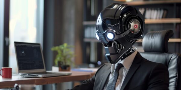 A humanoid robot wearing a business suit seated at an office desk with a laptop, a coffee cup, and a plant in the background.
