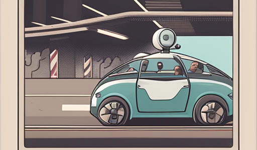 Illustration of a blue and white autonomous car with a rooftop sensor, carrying passengers and driving past buildings with an airplane flying overhead.