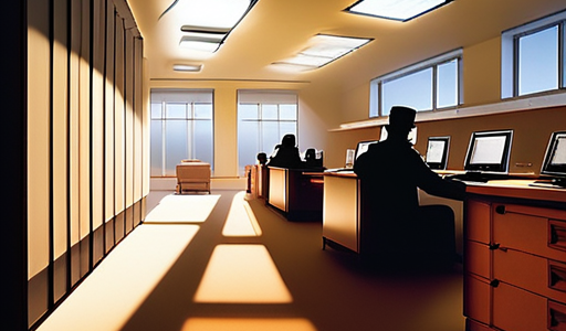 Office room during sunset with long shadows, featuring silhouettes of individuals working at computers and sunlight streaming in from skylight windows.