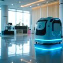 A futuristic autonomous robot with blue accent lighting is positioned in a modern office lobby with reflective flooring; office furniture and large windows are visible in the background.