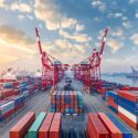 A bustling commercial shipping port with rows of colorful stacked containers, large red cranes, and container ships under a partly cloudy sky at sunset.