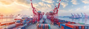 A bustling commercial shipping port with rows of colorful stacked containers, large red cranes, and container ships under a partly cloudy sky at sunset.