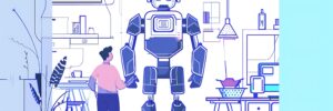 Illustration of a person in a laboratory setting standing near a large humanoid robot, with lab equipment and furniture in a monochromatic blue and purple color scheme.