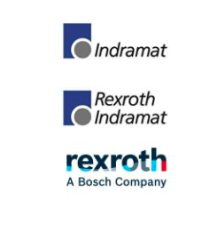 The image displays three corporate logos in a vertical alignment. The top logo is for "Indramat" featuring a dark blue square with a white circle inside, to the left of the word "Indramat" in blue lettering. The middle logo reads "Rexroth Indramat" with "Rexroth" in blue above "Indramat" in gray. The bottom logo is stylized in lowercase letters, "rexroth" in red followed by "A Bosch Company" in gray underneath. All three logos have a similar blue square and white circle graphic element.