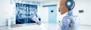 A humanoid robot examining a dental X-ray image in a modern medical office setting.