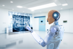 A humanoid robot examining a dental X-ray image in a modern medical office setting.
