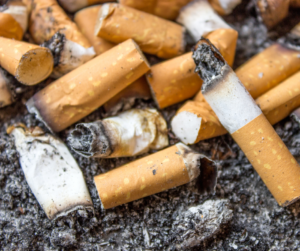 A close-up image of multiple extinguished cigarette butts with ashes.